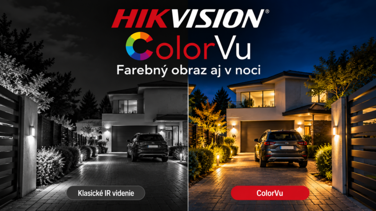 Porovnanie klasického čiernobieleho IR nočného videnia a farebného obrazu kamery Hikvision ColorVu pri rodinnom dome.